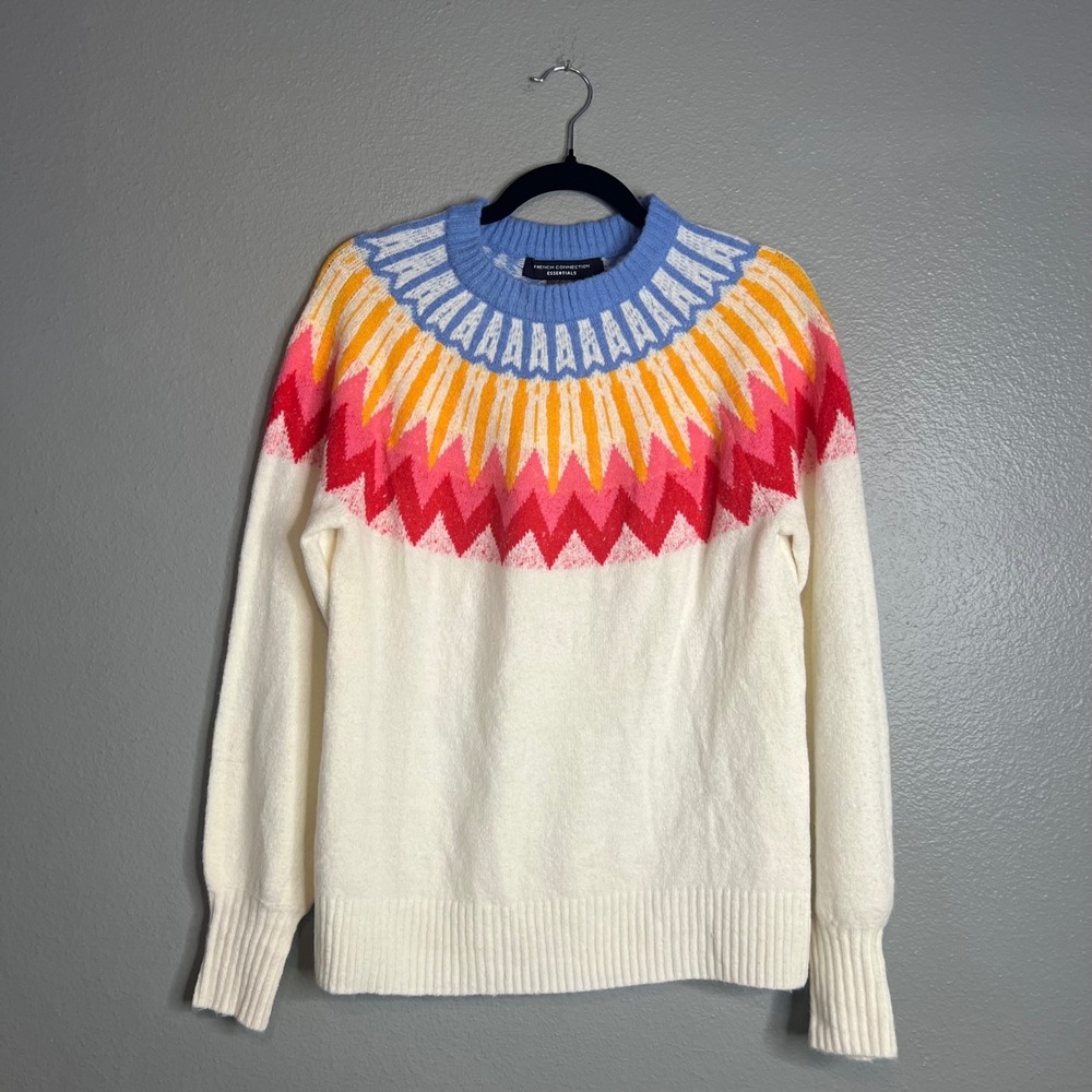 French Connection Sweater Sz XS White Fair Isle Wool Blend Pullover Ski Alpine